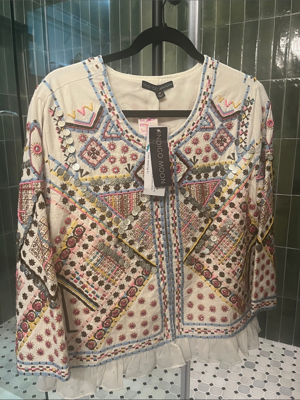 Indigo Moon Embroidered Boho Tunic - White with Pink & Blue